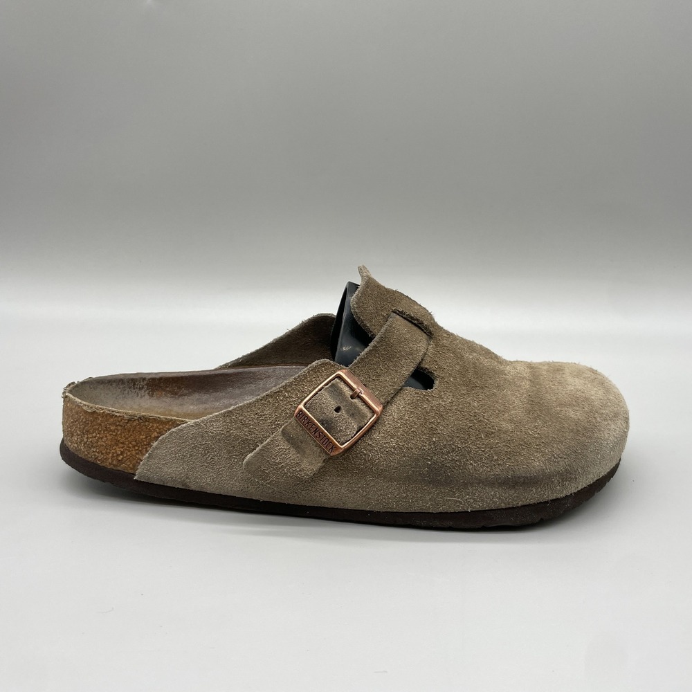 Birkenstock Womens 9 Boston Clogs Taupe Suede Buckle Boho Earthy Coastal Casual